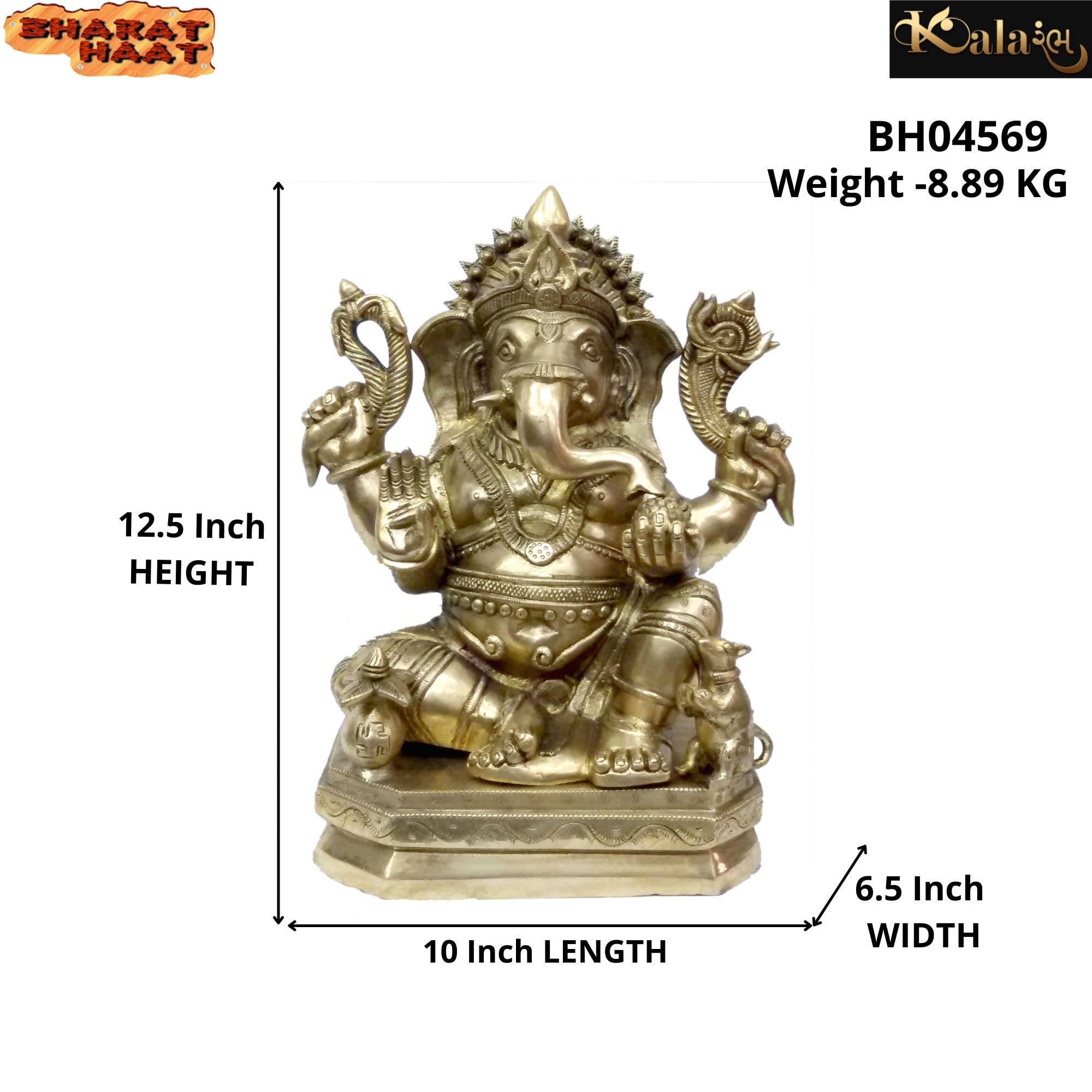 Kalarambh Brass Ganesha/Ganesh/Ganpati Idol Murti Statue For Home Pooja Puja Mandir Decor Collectible Handicraft Art, Yellow, 10